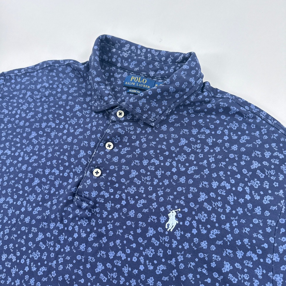 Ralph Lauren Mens Polo Shirt XL Blue Floral AOP Classic Fit Cotton Short Sleeve